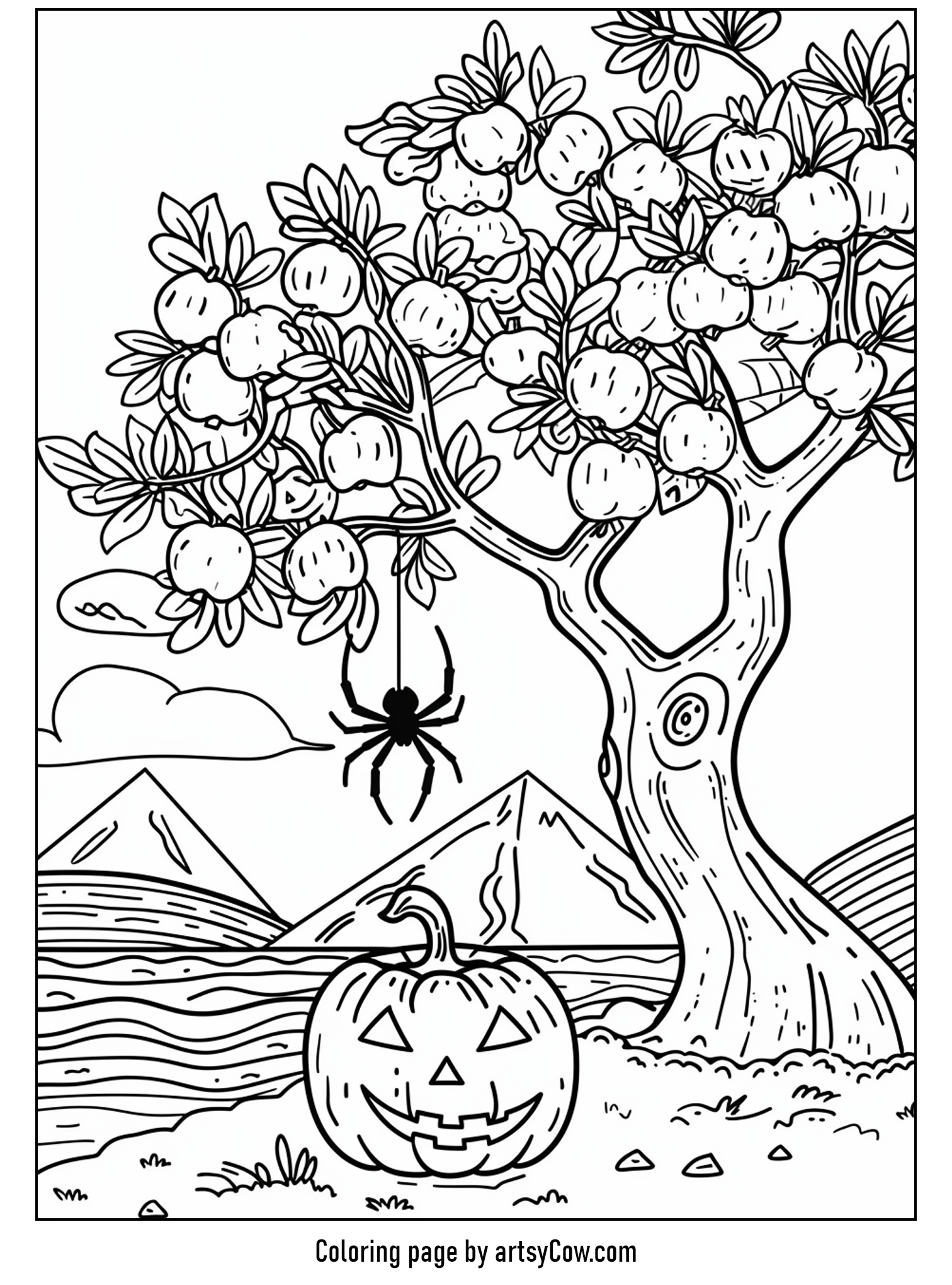 A spooky tree with a cheerful Jack-o'-Lantern underneath